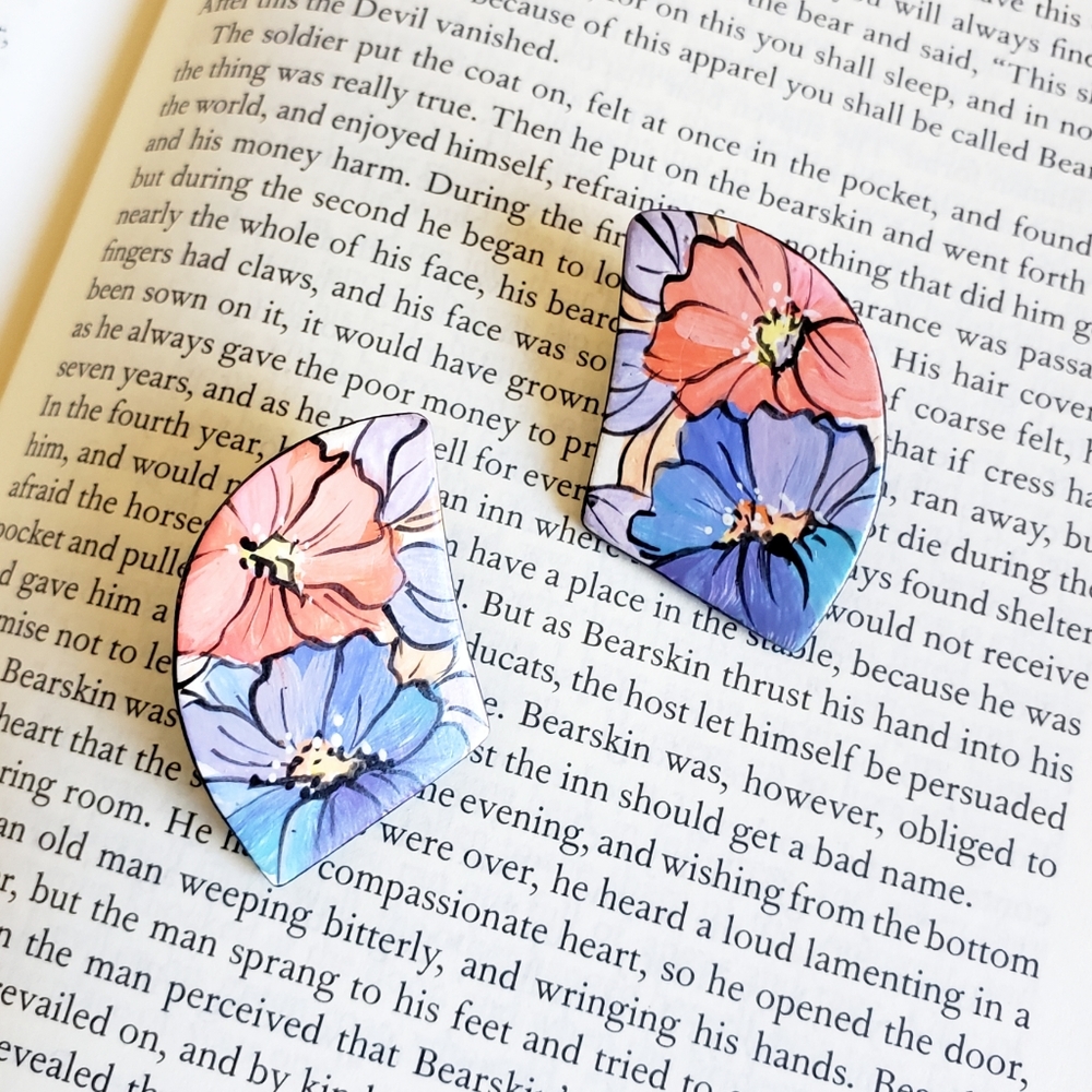 Vintage Hand Painted Floral Statement Wooden Pink Blue Purple Flower Earrings